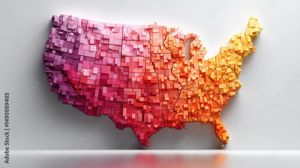 Poster a colorful block representation of the united states in a map format emphasizing ai-led capital redi