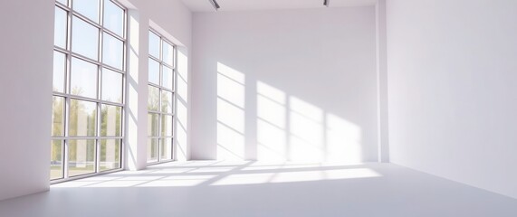 Obraz premium Bright white room with natural light streaming in through large windows, creating a sense of spaciousness.