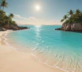 Golden sand, turquoise water, lush island backdrop,  stunning,  vegetation,  sun
