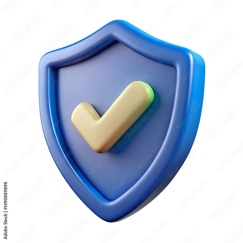 Poster secure digital world with a vibrant blue shield affirming trust and safety with a soft yellow checkm