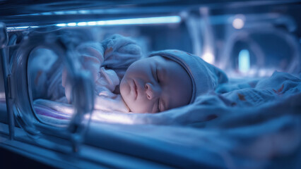 Premature newborn lies inside incubator in hospitals intensive care unit. Delicate medical equipment surrounds tiny newborn, creating fragile yet hopeful atmosphere of life-saving care