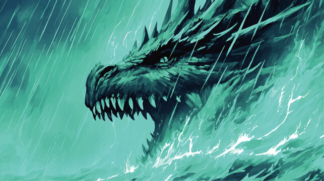 Captivating Digital Vector Illustration of Powerful Aqua Dragon Emerging from Stormy Ocean Waves During Intense Rainstorm Fantasy Creature Art for Wallpapers and Posters