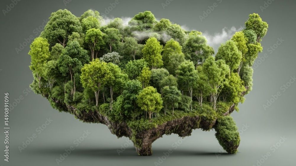 Poster forest scene with trees and clouds representing natural beauty alongside usa map ai-powered inflatio