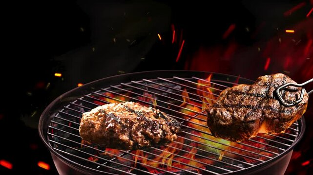Grilling food at a picnic on a charcoal stove with flames grilling steak on the grill.