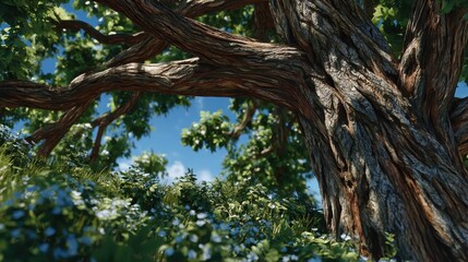 Obraz premium Lush tree canopy, vibrant green leaves bathed in sunlight, creating a natural roof, perfect for peaceful outdoor settings.
