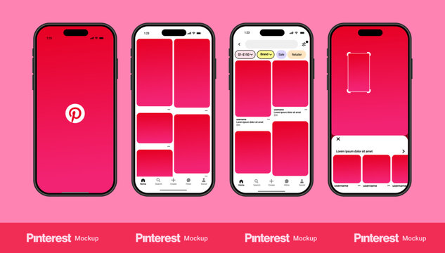 Pinterest mobile UI mockup, Pinterest pin board template, Pinterest post feed design, Pinterest profile app interface, Pinterest social media network layout with Pinterest pins and Pinterest boards fe