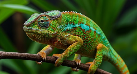 Obraz premium The image features a brightly colored chameleon with bumpy skin, holding onto a brown branch with lush green foliage blurred in the background.