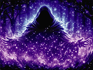 Mystical Magical Dark Wizard Vector Illustration Featuring Enchanting Glowing Magic Powers in Illuminated Purple Fantasy Forest Night Scene for Fantasy Theme Projects