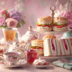 A delicate afternoon tea setup with scones, clotted cream, jam, and sandwiches, elegant porcelain