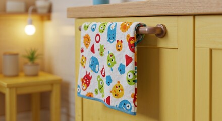 Colorful cloth hanging on kitchen cabinet handle in bright interior  