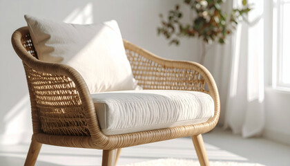 Fototapeta premium Wicker chair with a cushion near a window and plant in a bright room.