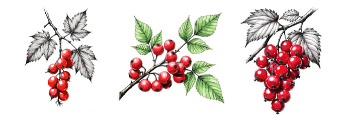 Red currant branches with leaves and berries in black ink sketch style  