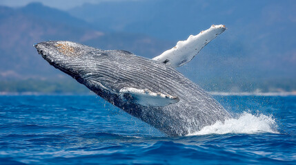 A whale jumping out of the water against a beautiful backdrop