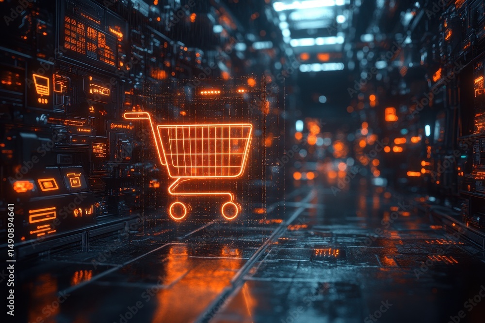 Poster futuristic digital shopping cart illuminated in a tech-themed environment with glowing circuitry