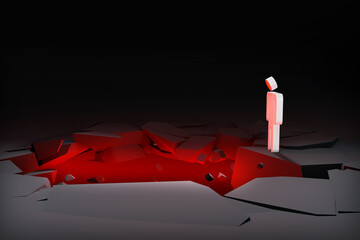 Figure standing near a fiery pit, On the Brink Confronting the Cracks Beneath a Fragile World 3D render