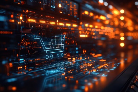 Digital shopping cart interface glowing in high-tech environment showcasing e-commerce graphics and data visualization at night