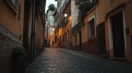 Obraz premium Narrow European Street at Dusk with Cobblestone Path and Warm Lights – Quiet Historic Alley in Old Town Setting
