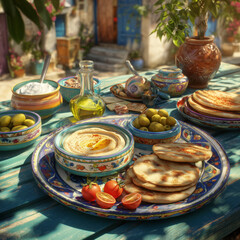 A Mediterranean mezze platter with hummus, tzatziki, olives, and pita, colorful ceramic dishes