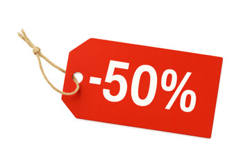 Fifty percent sale tag dangling on string, showcasing markdown pricing against clear backdrop, signaling significant retail savings