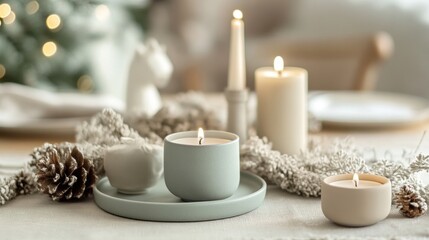 Decorated Table with Lit Candles and Pinecones for Winter Holiday Season