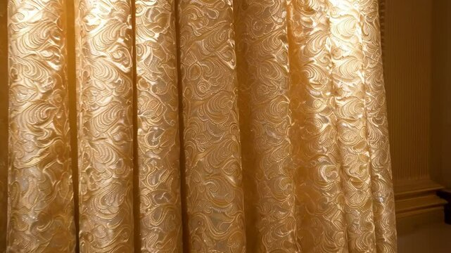 Elegant golden damask curtain drapes with decorative floral swirls and scrolls creating rich and luxurious home interior window coverings.