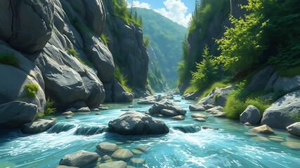 Serene Mountain River Gorge A Breathtaking Digital Painting of Nature's Majesty