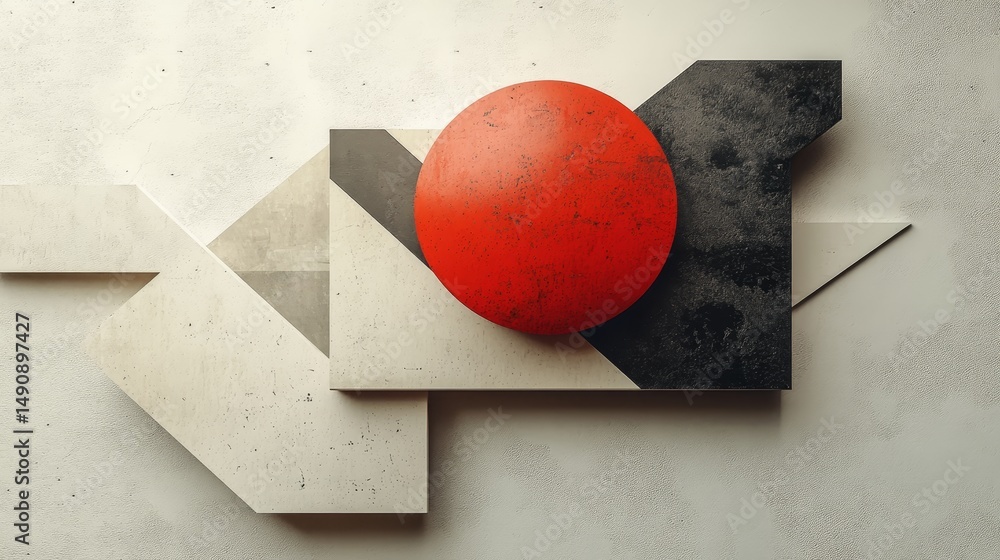 Poster abstract composition of geometric shapes in grayscale and red.
