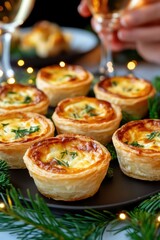 Golden mini quiches delight guests at a festive gathering adorned with lush greenery and joyous conversation