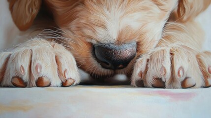 Close-up view of a golden puppy's face and paws.