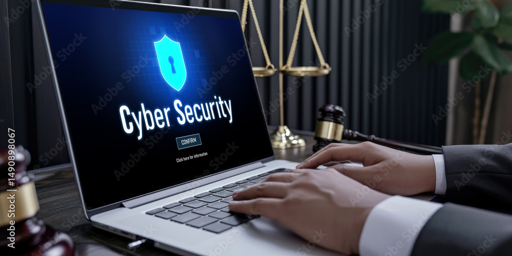 Poster cyber security system on computer screen protect private information brisk from hacker and cyber att