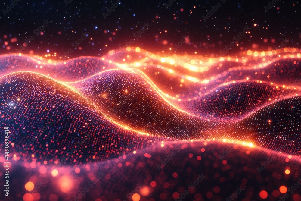 Poster colorful waves of light create a mesmerizing digital landscape at night in an abstract visual displa