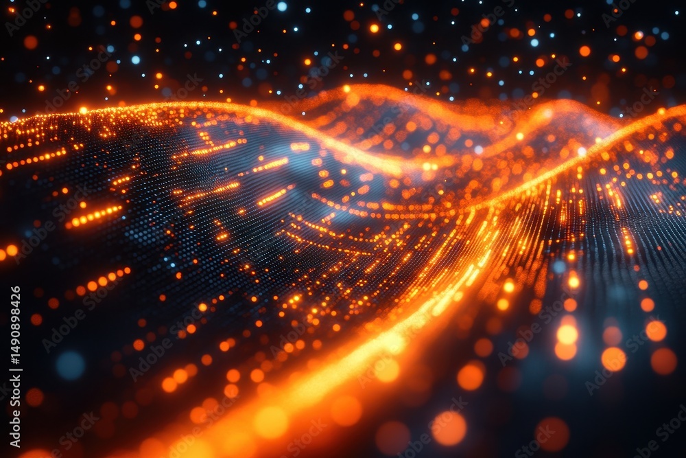 Aufkleber glistening waves of digital particles creating an abstract flowing pattern at night