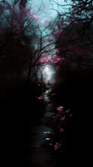 Obraz premium Enchanting twilight glow reveals a hidden pathway through mystical blooms on planet Earth