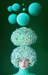 Fototapeta premium Enchanting floral headpiece captures wonder in a dreamlike space filled with vibrant spheres