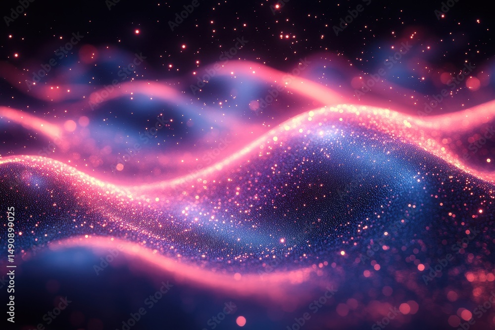 Poster colorful sparkling waves with glowing effects creating a mesmerizing cosmic atmosphere at dusk