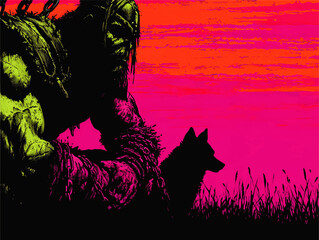 Striking Vector Image of Fantasy Warrior and Wolf Silhouettes at Sunset with Vibrant Neon Colors for Epic Adventure Art Prints and Graphic Design Inspiration Background