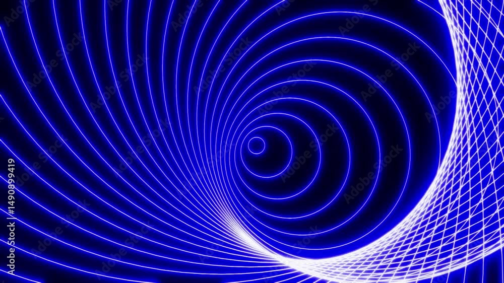 Aufkleber expanding blue neon concentric circles morphing into dynamic geometric patterns, abstract futuristic