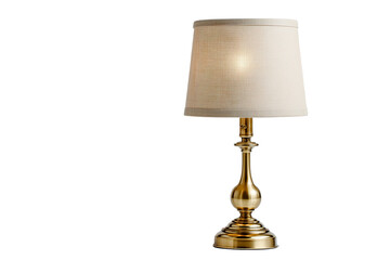 Soft-glow retro lamp with polished brass frame and classic tan fabric shade Isolated on transparent Background