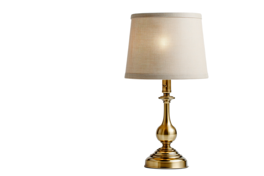 Soft-glow retro lamp with polished brass frame and classic tan fabric shade Isolated on transparent Background