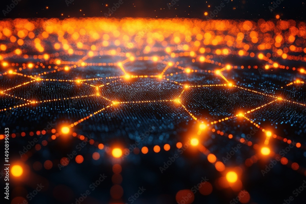 Poster digital network structure illuminated by glowing nodes showcasing interconnectivity and technology a