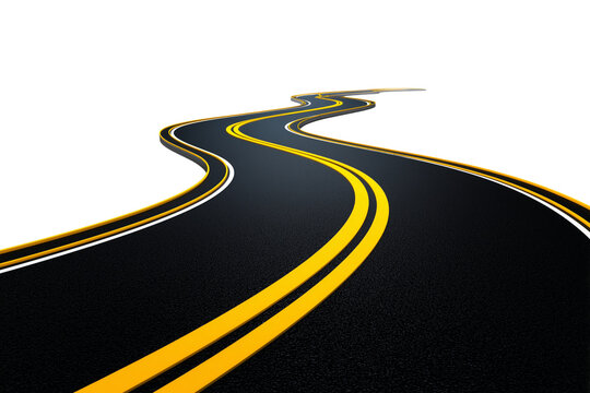 Curved highway with black surface and dashed yellow lines on white borders Isolated on transparent Background