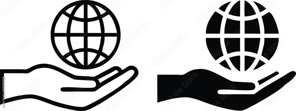 Poster hand cursor icon with globe and web symbol elements