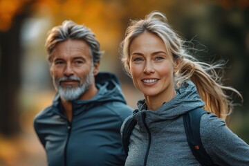 Fototapeta premium Outdoor couple enjoying a pleasant autumn day while strolling through a park in the early afternoon light