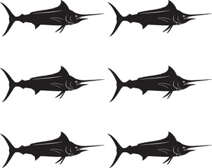 Vector silhouettes of Black Marlin fish on white background. 