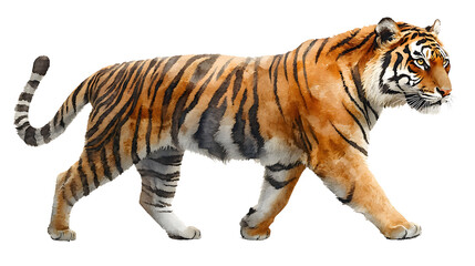 Obraz premium Majestic Tiger Walking Gracefully Through Its Habitat with Striking Stripes and Intense Gaze