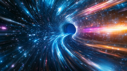 Fototapeta premium Vibrant abstract representation of a wormhole with glowing stars and light streaks in a cosmic space