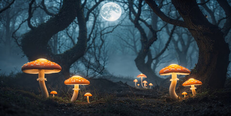 Glowing mushrooms light a foggy forest floor as moonlight filters through twisted, eerie trees.