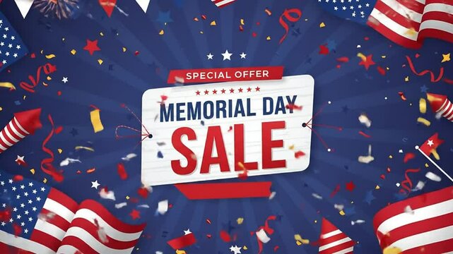 Memorial Day Sale Banner with American Flags, Confetti, and Fireworks: A Patriotic Celebration of Special Offers and Savings for the Holiday Weekend