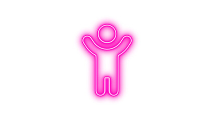 Neon Human Outline with Raised Arms, Neon child reaching down icon glow with transparent background