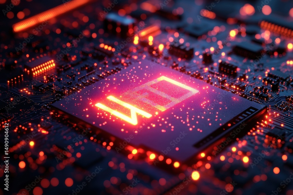 Poster illuminated circuit board showcasing advanced technology and intricate design during nighttime